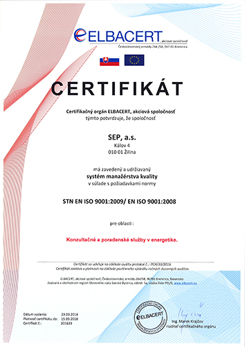SEP certifikát ISO 9001:9008
